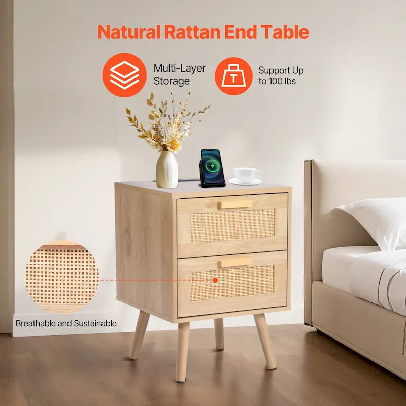 Table de chevet 2 tiroirs en rotin avec station de recharge intégrée - Naturel
