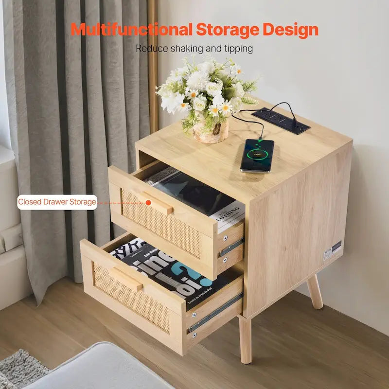 Table de chevet 2 tiroirs en rotin avec station de recharge intégrée - Naturel