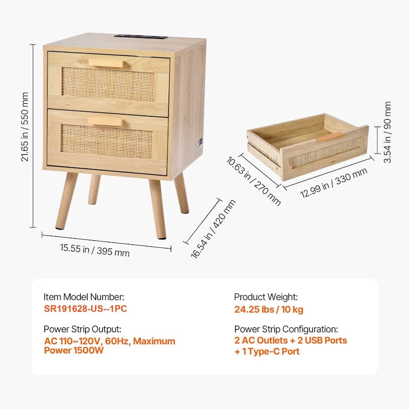 Table de chevet 2 tiroirs en rotin avec station de recharge intégrée - Naturel