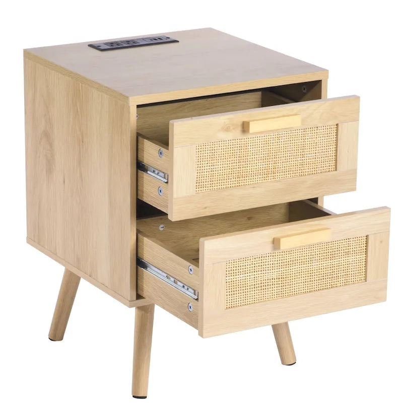 Table de chevet 2 tiroirs en rotin avec station de recharge intégrée - Naturel