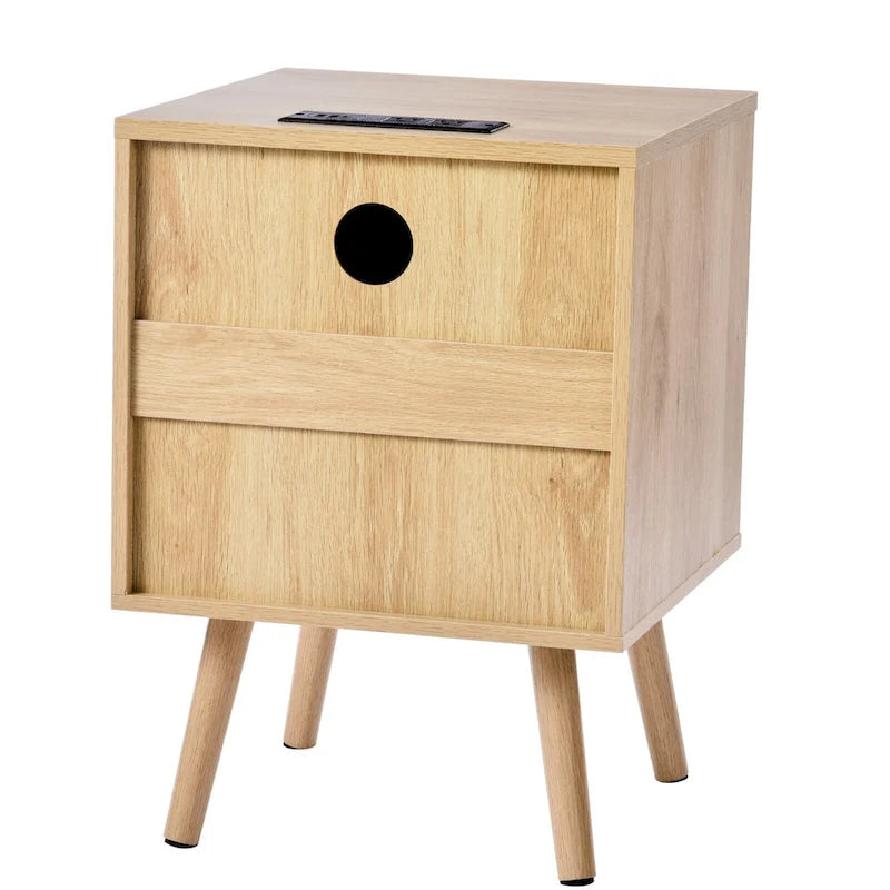 Table de chevet 2 tiroirs en rotin avec station de recharge intégrée - Naturel