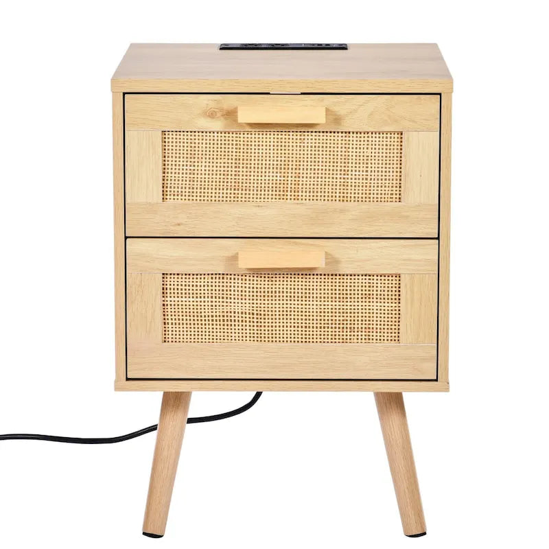 Table de chevet 2 tiroirs en rotin avec station de recharge intégrée - Naturel