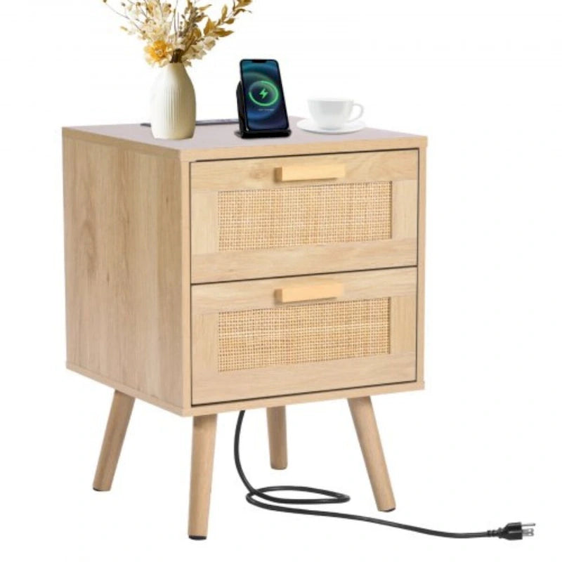 Table de chevet 2 tiroirs en rotin avec station de recharge intégrée - Naturel