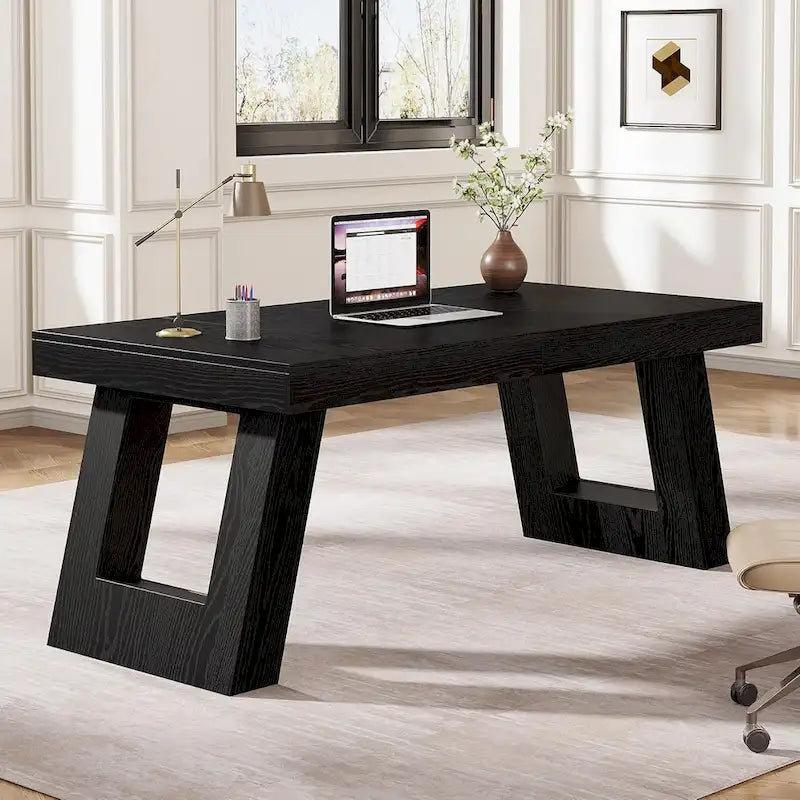 Bureau de direction vintage 63" en bois – Grand poste de travail double piédestal pour bureau à domicile