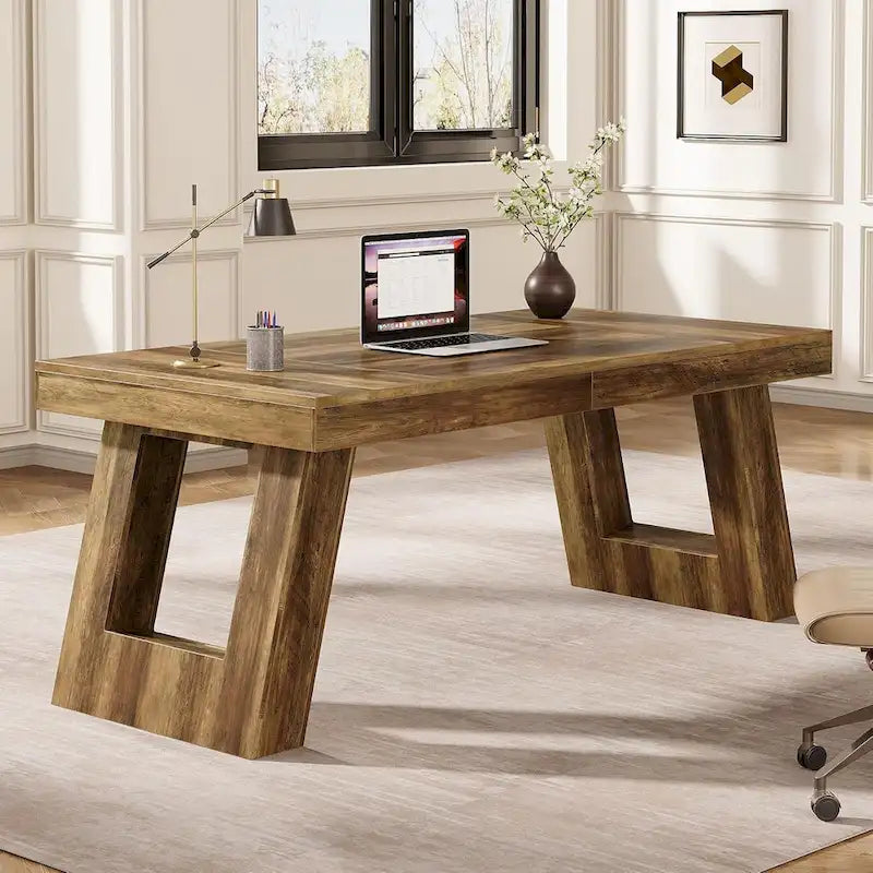 Bureau de direction vintage 63" en bois – Grand poste de travail double piédestal pour bureau à domicile