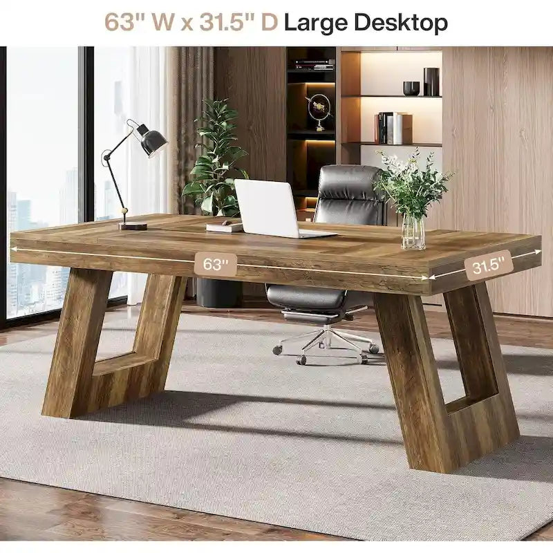 Bureau de direction vintage 63" en bois – Grand poste de travail double piédestal pour bureau à domicile