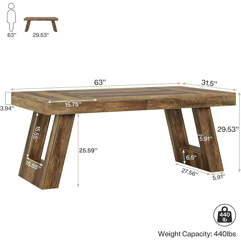 Bureau de direction vintage 63" en bois – Grand poste de travail double piédestal pour bureau à domicile