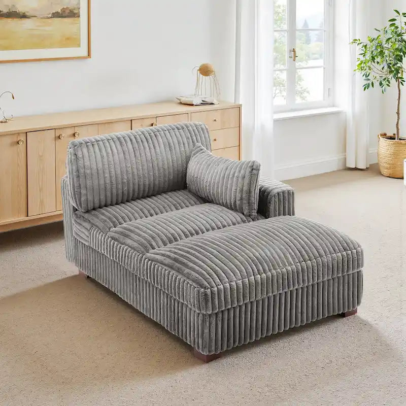 Chaise longue capitonnée avec coussin à ressorts et pieds en bois massif