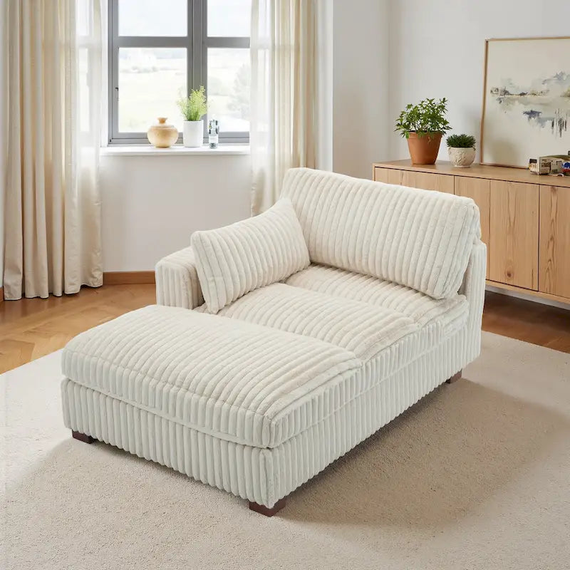 Chaise longue capitonnée avec coussin à ressorts et pieds en bois massif