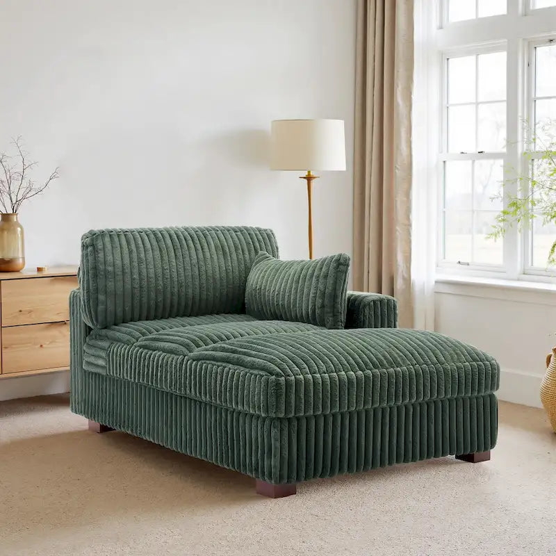 Chaise longue capitonnée avec coussin à ressorts et pieds en bois massif