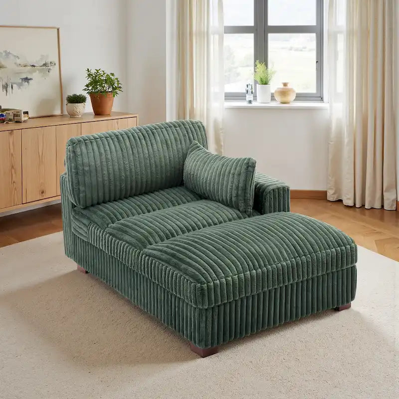 Chaise longue capitonnée avec coussin à ressorts et pieds en bois massif