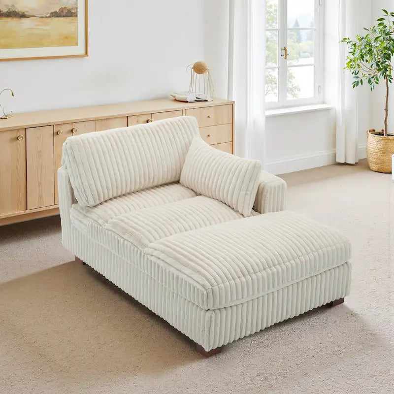 Chaise longue capitonnée avec coussin à ressorts et pieds en bois massif