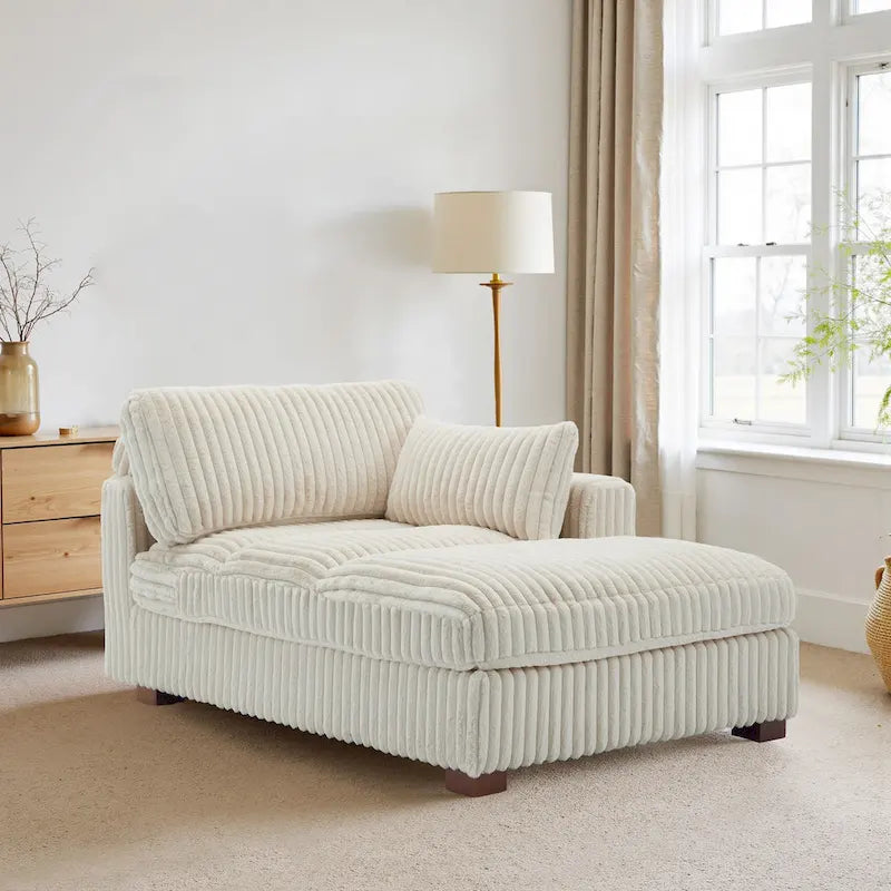 Chaise longue capitonnée avec coussin à ressorts et pieds en bois massif