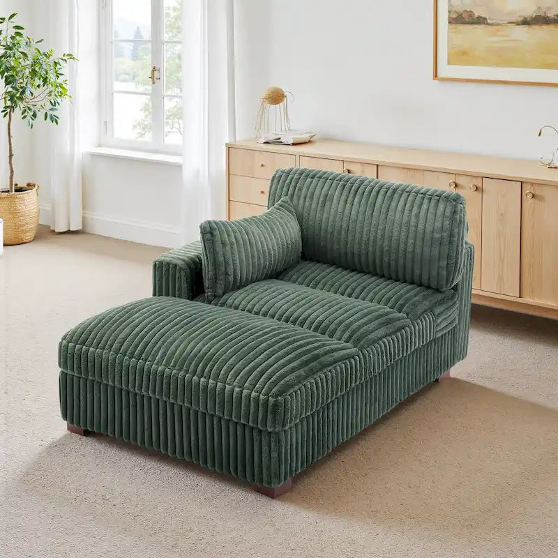 Chaise longue capitonnée avec coussin à ressorts et pieds en bois massif