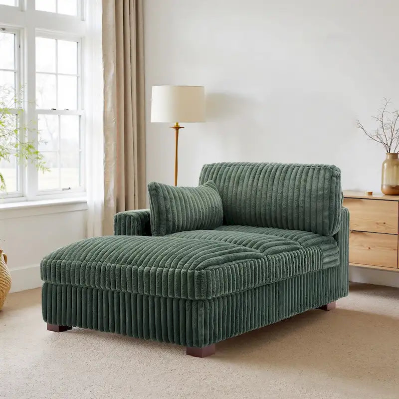 Chaise longue capitonnée avec coussin à ressorts et pieds en bois massif