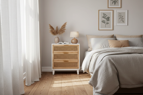 3-Drawer Rattan Nightstand in Cozy Bedroom