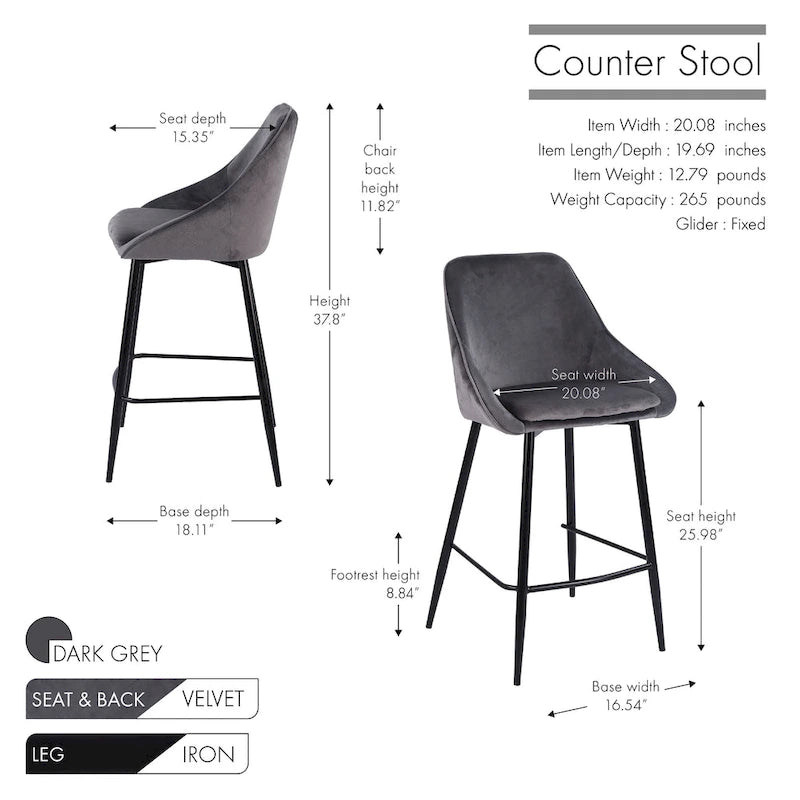 Tabouret de bar en velours avec dossier bas et accoudoirs – Pieds en fer résistants à la rouille avec repose-pieds