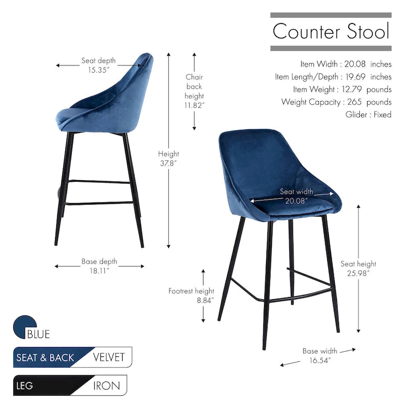 Tabouret de bar en velours avec dossier bas et accoudoirs – Pieds en fer résistants à la rouille avec repose-pieds