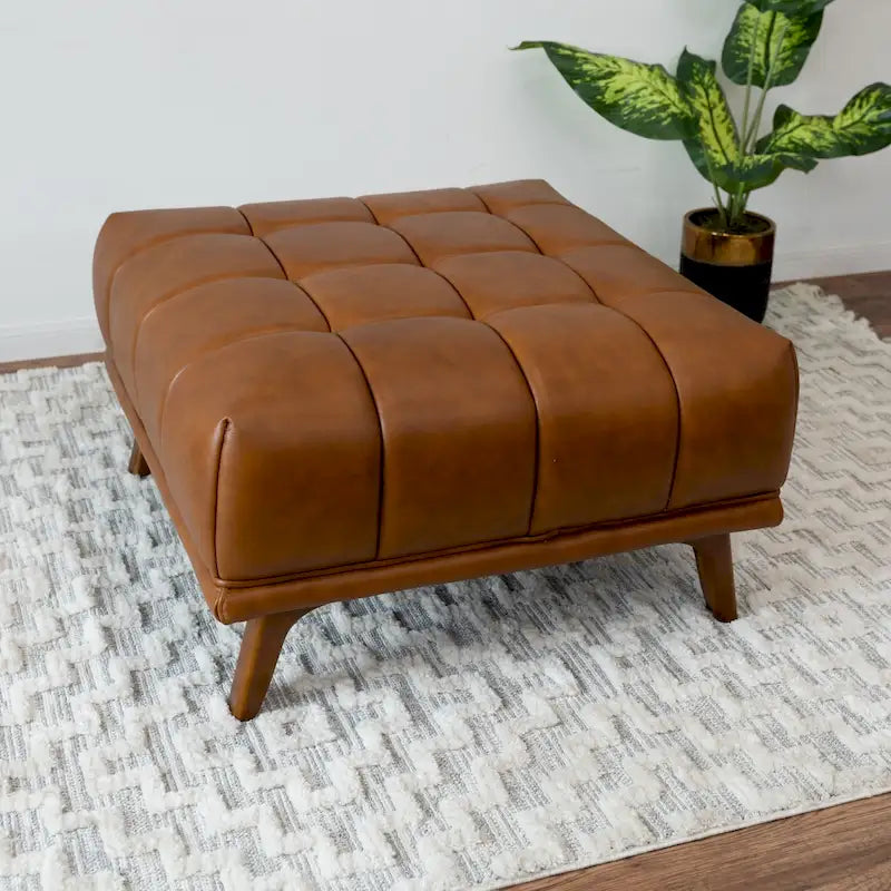 Pouffe en cuir capitonné Mid-Century avec pieds amovibles - Tan