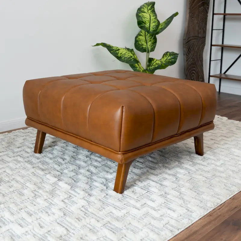 Pouffe en cuir capitonné Mid-Century avec pieds amovibles - Tan