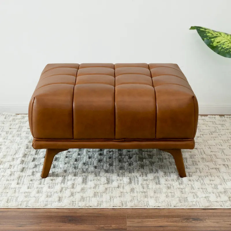 Pouffe en cuir capitonné Mid-Century avec pieds amovibles - Tan
