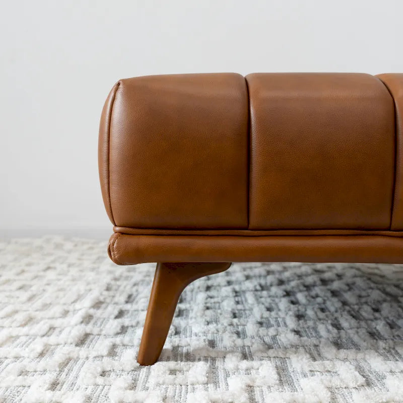 Pouffe en cuir capitonné Mid-Century avec pieds amovibles - Tan