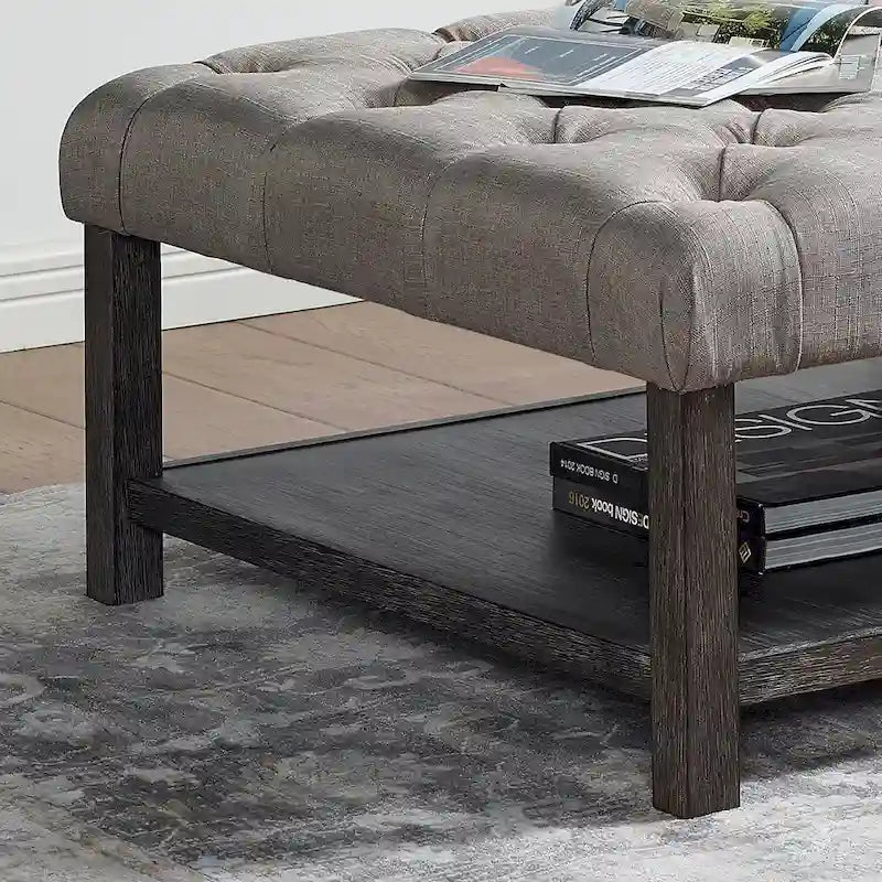 Ottoman carré en tissu touffeté avec étagère ouverte - Gris