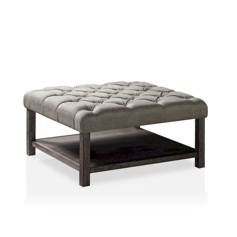 Ottoman carré en tissu touffeté avec étagère ouverte - Gris