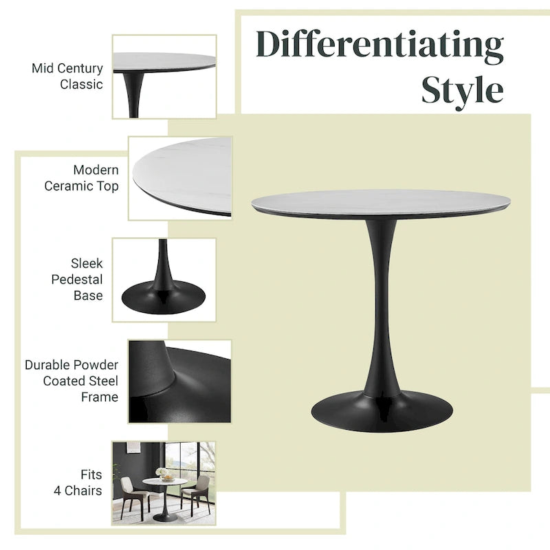 Table à manger ronde style milieu de siècle – Plateau en marbre céramique ou en placage de chêne avec pied central