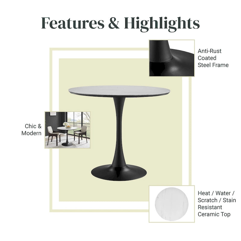 Table à manger ronde style milieu de siècle – Plateau en marbre céramique ou en placage de chêne avec pied central