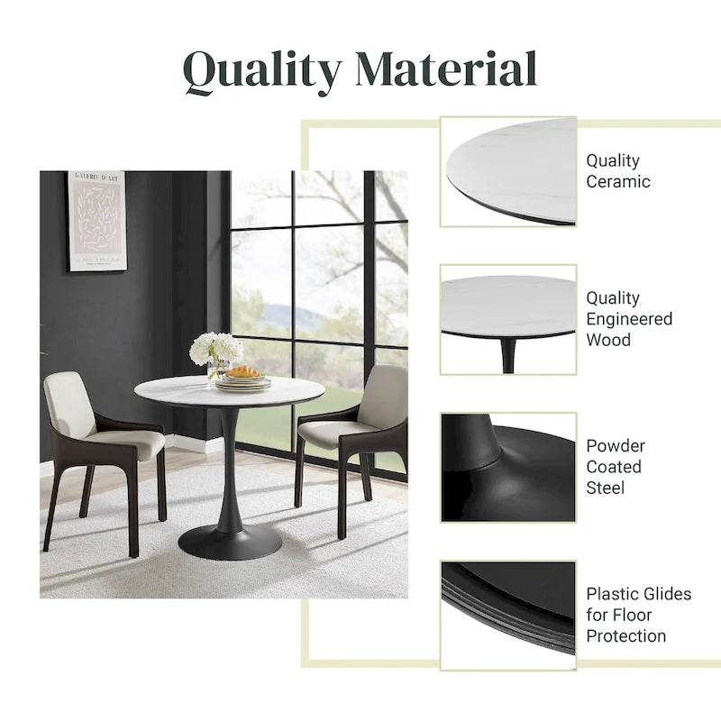 Table à manger ronde style milieu de siècle – Plateau en marbre céramique ou en placage de chêne avec pied central