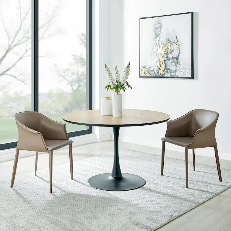 Table à manger ronde style milieu de siècle – Plateau en marbre céramique ou en placage de chêne avec pied central