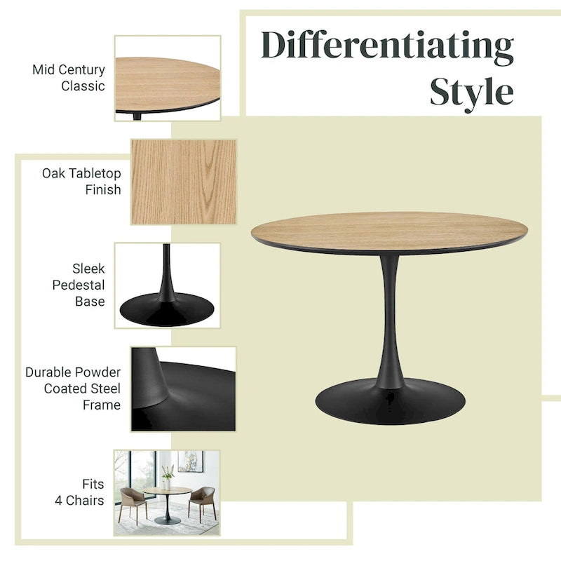 Table à manger ronde style milieu de siècle – Plateau en marbre céramique ou en placage de chêne avec pied central