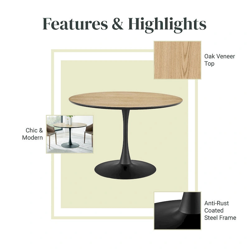 Table à manger ronde style milieu de siècle – Plateau en marbre céramique ou en placage de chêne avec pied central