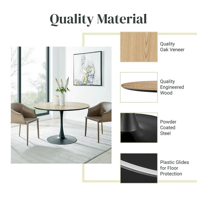 Table à manger ronde style milieu de siècle – Plateau en marbre céramique ou en placage de chêne avec pied central