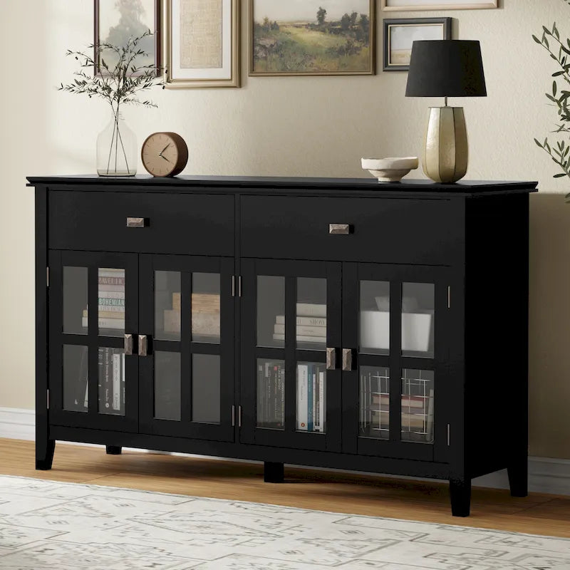 Buffet en pin massif de 60" avec 4 portes vitrées – Rangement de salle à manger transitionnel