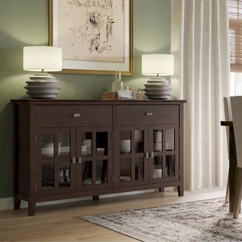 Buffet en pin massif de 60" avec 4 portes vitrées – Rangement de salle à manger transitionnel