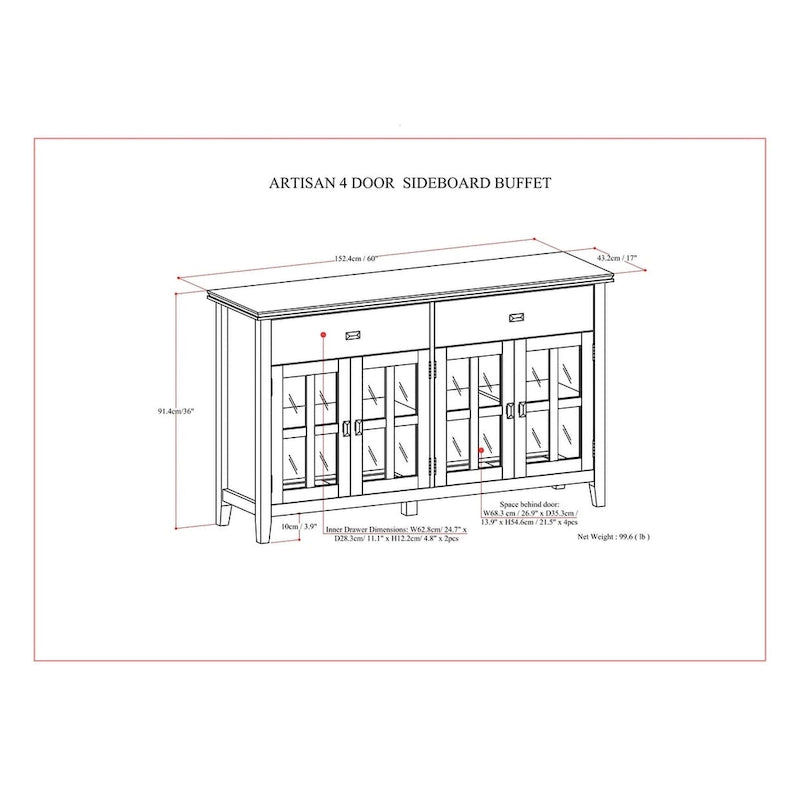 Buffet en pin massif de 60" avec 4 portes vitrées – Rangement de salle à manger transitionnel