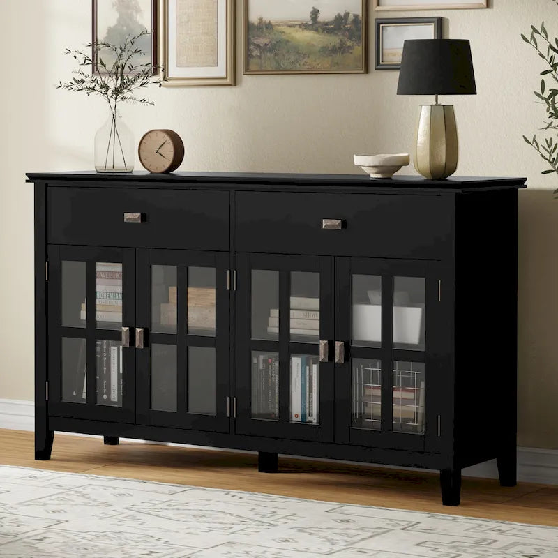 Buffet en pin massif de 60" avec 4 portes vitrées – Rangement de salle à manger transitionnel