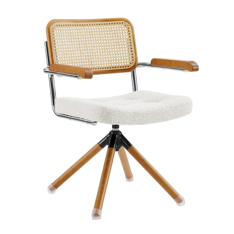 Fauteuil pivotant d'appoint avec dossier en rotin, assise en similicuir et accoudoirs et pieds en bois