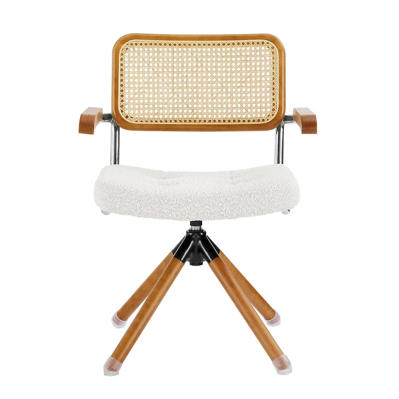 Fauteuil pivotant d'appoint avec dossier en rotin, assise en similicuir et accoudoirs et pieds en bois