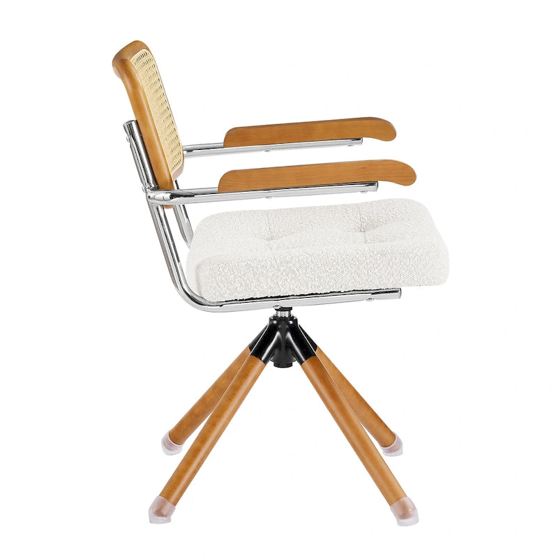 Fauteuil pivotant d'appoint avec dossier en rotin, assise en similicuir et accoudoirs et pieds en bois