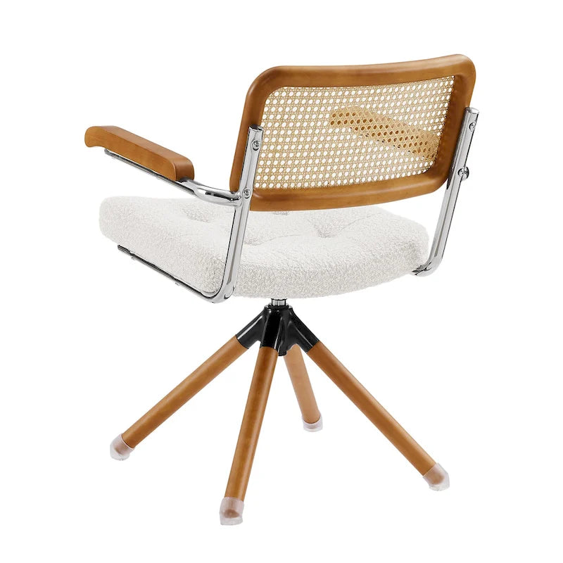 Fauteuil pivotant d'appoint avec dossier en rotin, assise en similicuir et accoudoirs et pieds en bois