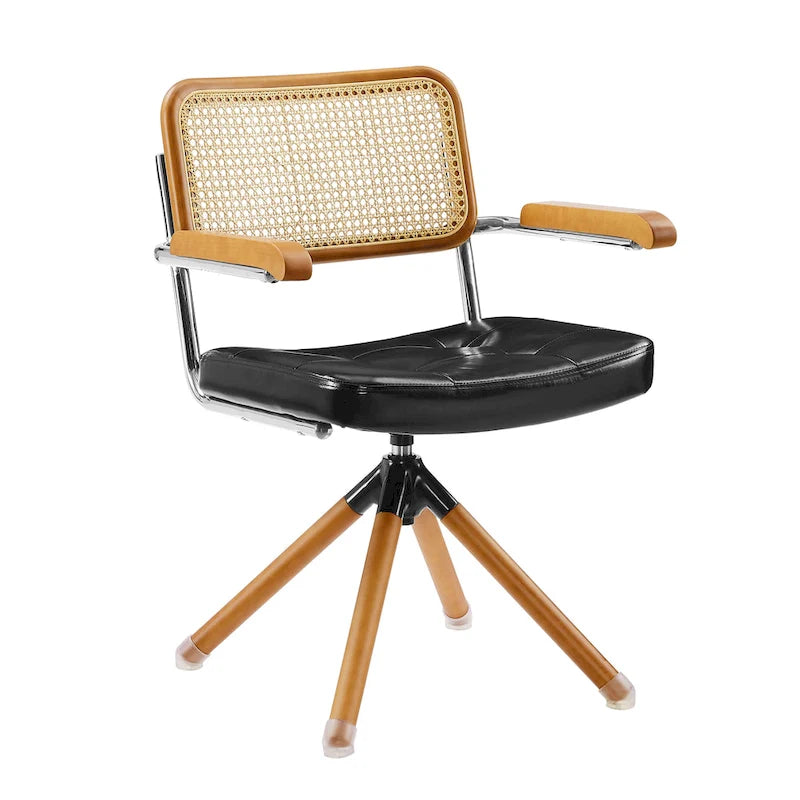 Fauteuil pivotant d'appoint avec dossier en rotin, assise en similicuir et accoudoirs et pieds en bois