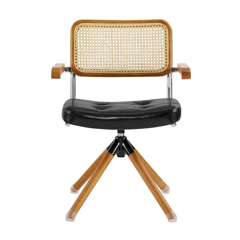 Fauteuil pivotant d'appoint avec dossier en rotin, assise en similicuir et accoudoirs et pieds en bois