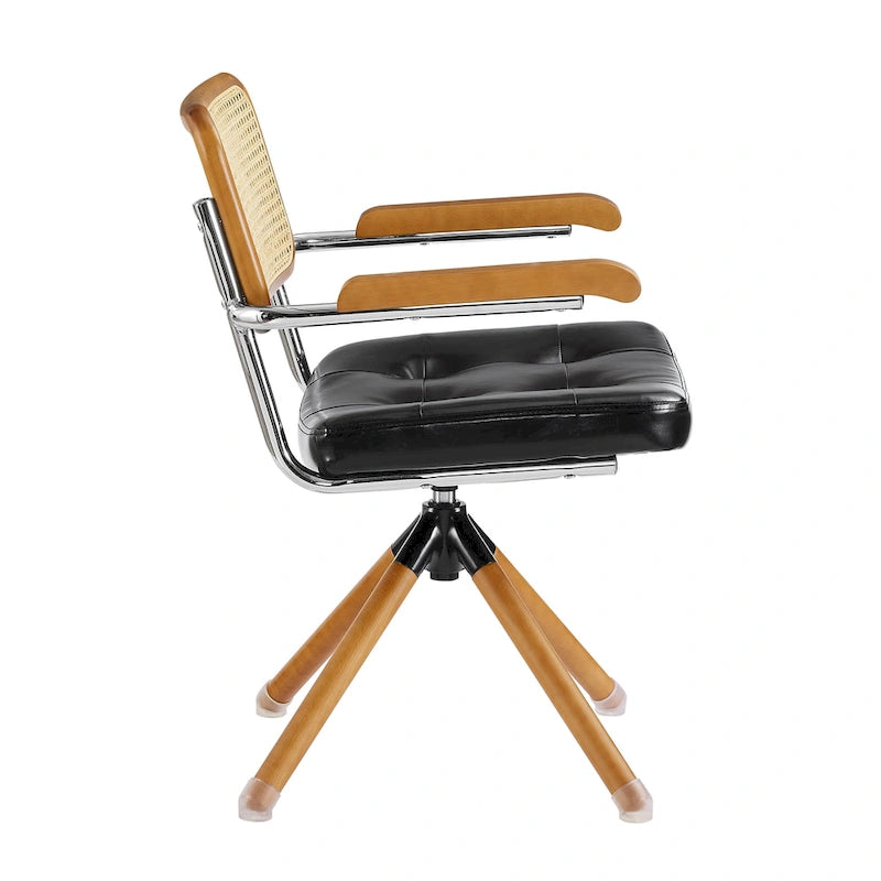 Fauteuil pivotant d'appoint avec dossier en rotin, assise en similicuir et accoudoirs et pieds en bois