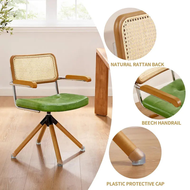 Fauteuil pivotant d'appoint avec dossier en rotin, assise en similicuir et accoudoirs et pieds en bois