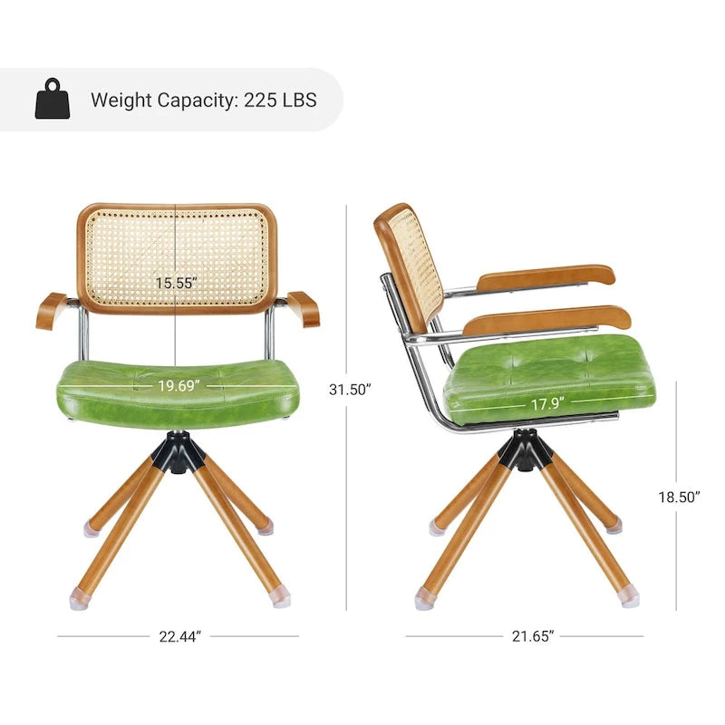 Fauteuil pivotant d'appoint avec dossier en rotin, assise en similicuir et accoudoirs et pieds en bois