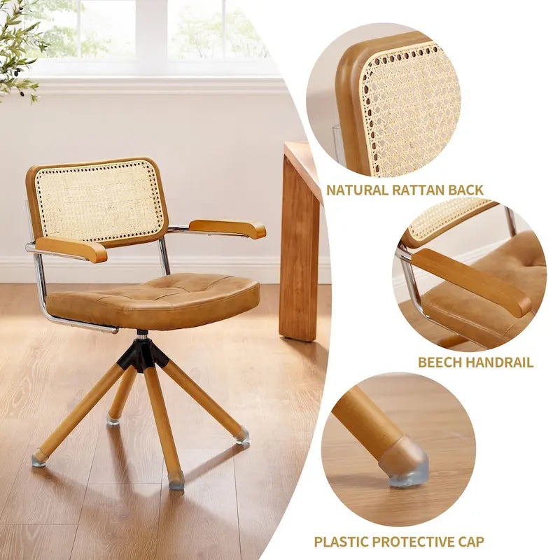 Fauteuil pivotant d'appoint avec dossier en rotin, assise en similicuir et accoudoirs et pieds en bois