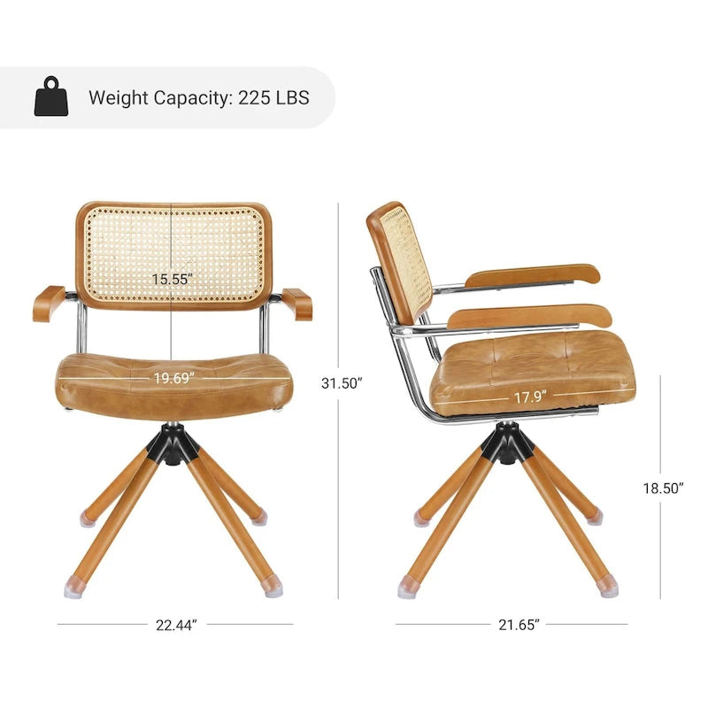 Fauteuil pivotant d'appoint avec dossier en rotin, assise en similicuir et accoudoirs et pieds en bois